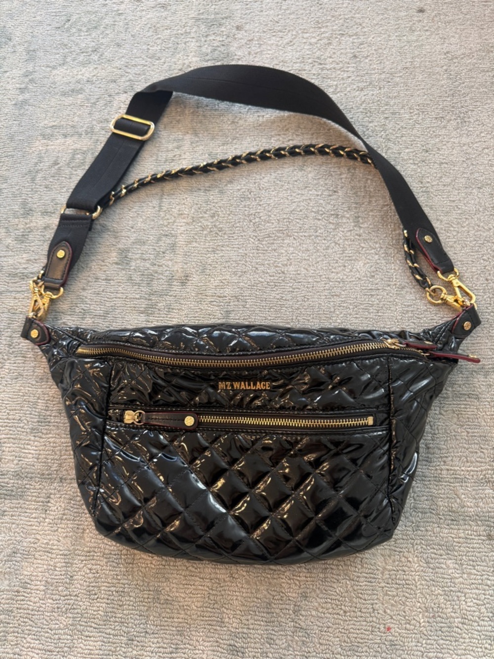 MZ Wallace Black Quilted Patent Leather Crossbody Belt Bag with Gold Hardware